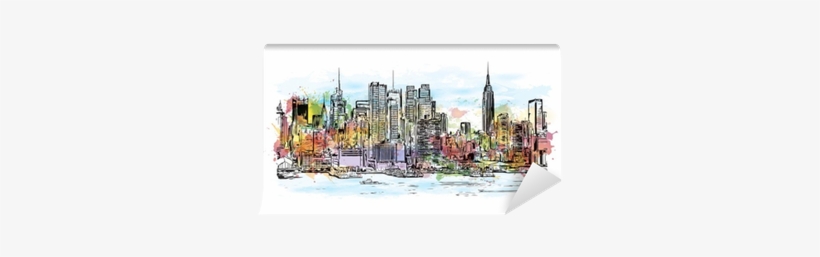 Watercolor Splash With Hand Drawn Sketch Of New York - Drawing, transparent png