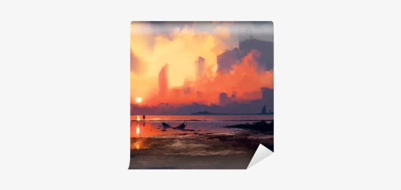 Man On Sea Beach Looking At Skyscrapers At Sunset,illustration - Latitude Run Kylie Graphic Print And Text Semi-sheer, transparent png