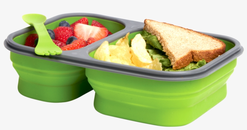 Green Collapsible Luchbox With Spork That Has Two Compartment - Eco Plastic Collapsible Single Section Lunch Kit (green), transparent png