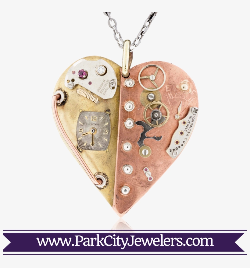 Sterling Silver, Copper Geared Steampunk Heart Necklace - Peridot And Diamond Halo Ring, transparent png