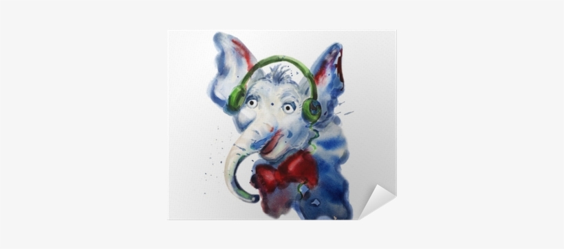Watercolor Close Up Portrait Of Elephant In Headphones - Photograph, transparent png