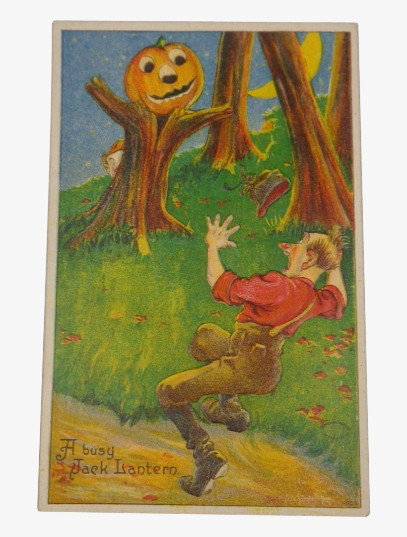Vintage Halloween Postcard Pumpkin Tree Scares Man - Kürbislaterne-kürbis-monster-halbmond-mond Karte, transparent png