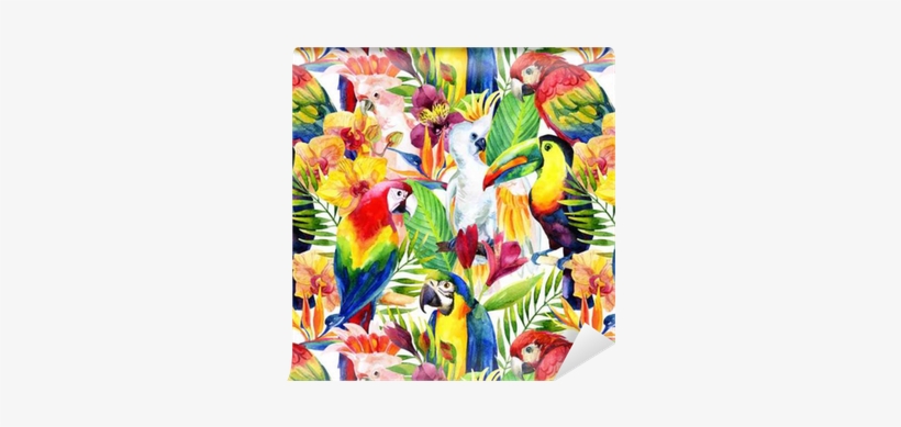 Watercolor Parrots With Tropical Flowers Seamless Pattern - Tropical Birds Pillow Case, transparent png