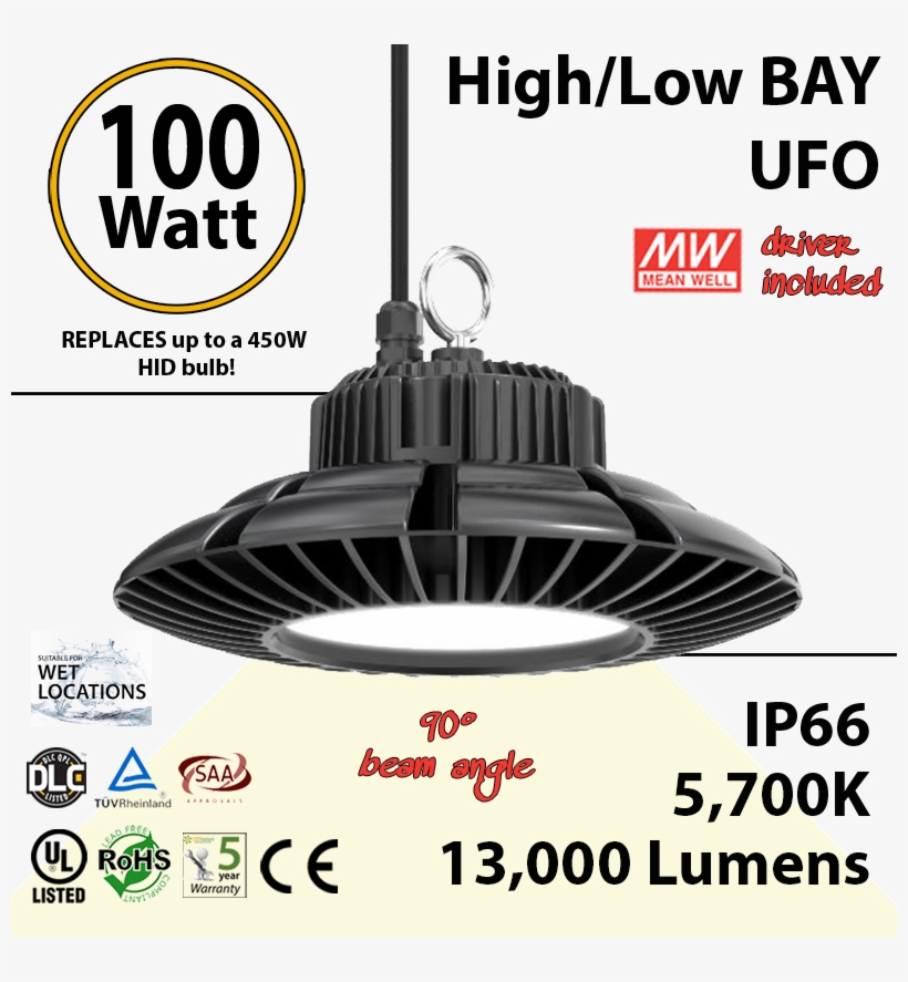 450 Watt Equivalent Led Ufo 100w 5700k 13000lm 110 - 80w Parking Lots Light Led Street Light Fixtures Led, transparent png