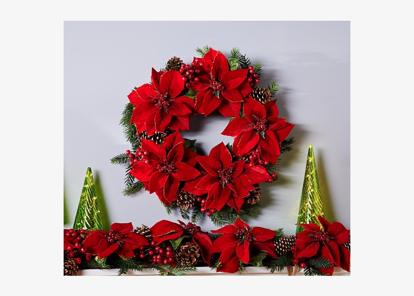 22" Glitter Velvet Poinsettia And Pinecone Wreath, transparent png