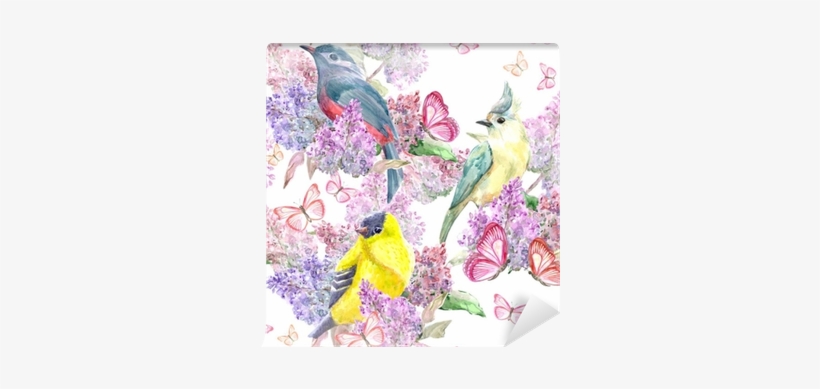 Nice Seamless Texture With Birds On Branch Flowering - Watercolor Painting, transparent png