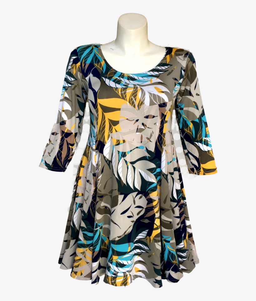 Contemporary Leaf Print Dress In Gold Taupe Green Navy - Dress, transparent png
