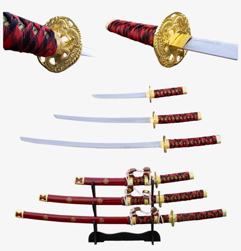 3 Pc Red Gold Rush Katana Sword Set - Katana, transparent png