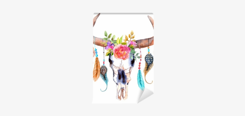 Watercolor Bull Skull With Flowers And Feathers Wall - Bohemian Cow Skull Png, transparent png