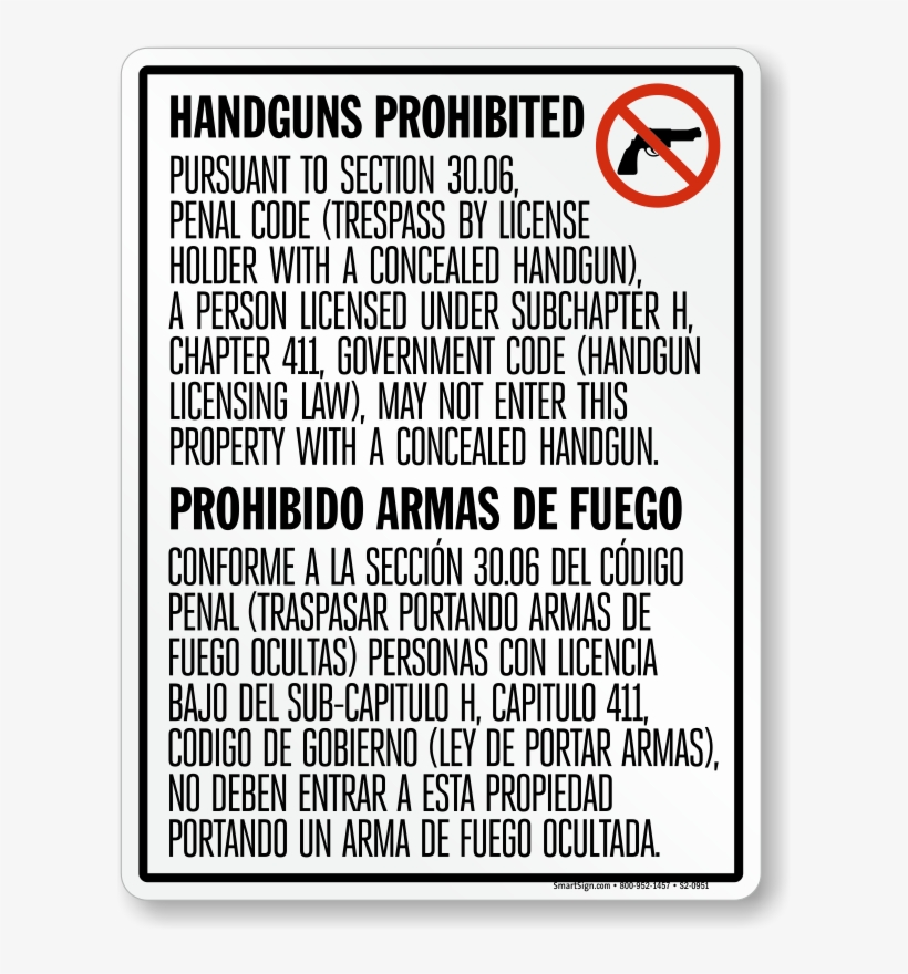 Vertical Bilingual No Concealed Carry Texas Sign - San Francisco, transparent png