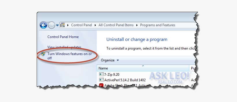 The Windows Features Link In Control Panel - Windows 7, transparent png