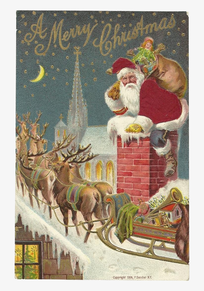 Red Robed Santa Claus Chimney Reindeer Sleigh Roof - Old School Christmas Cards, transparent png