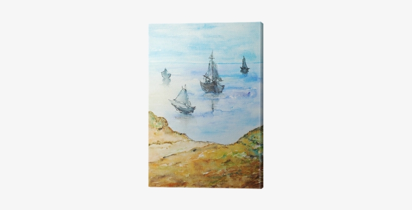 Watercolor Painting, Boats On The Shore Canvas Print - Painting, transparent png