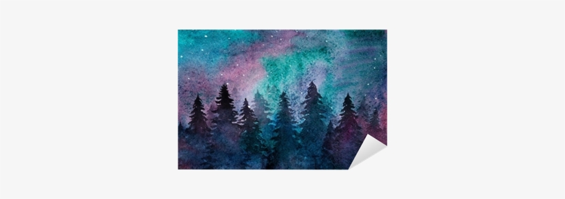 Watercolor Spruce Forest On The Starry Sky Background - Watercolor Northern Lights Background, transparent png
