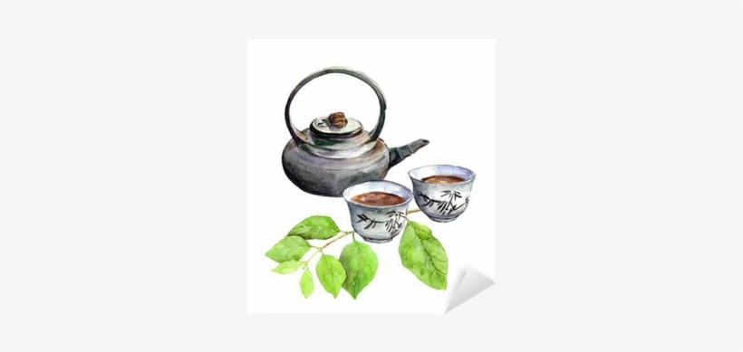 Asian Tea Pot, Teacup And Green Leaves - Chinese Teapot Watercolour Free, transparent png