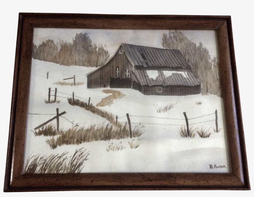 B Foster Winter Scene Of The Old Barn Watercolor Watercolor