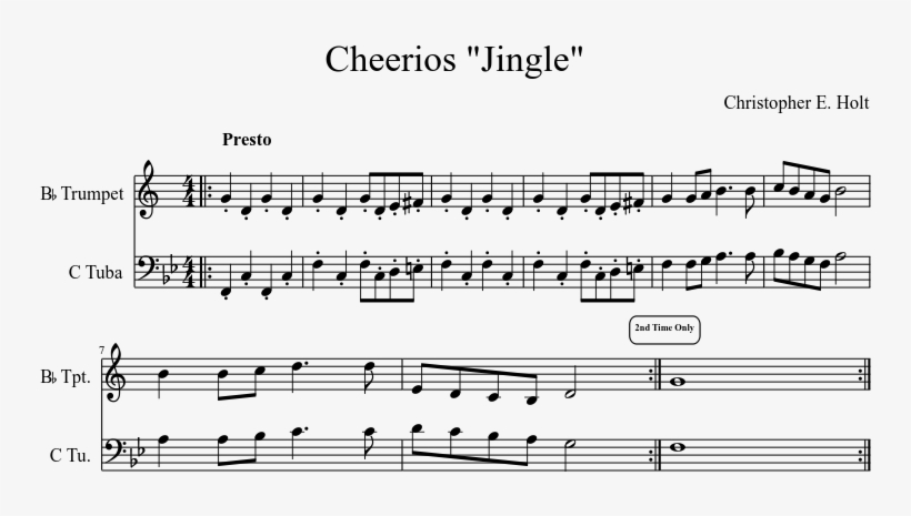 Cheerios "jingle" Sheet Music Composed By Christopher - Tuba Call Out Sheet Music, transparent png