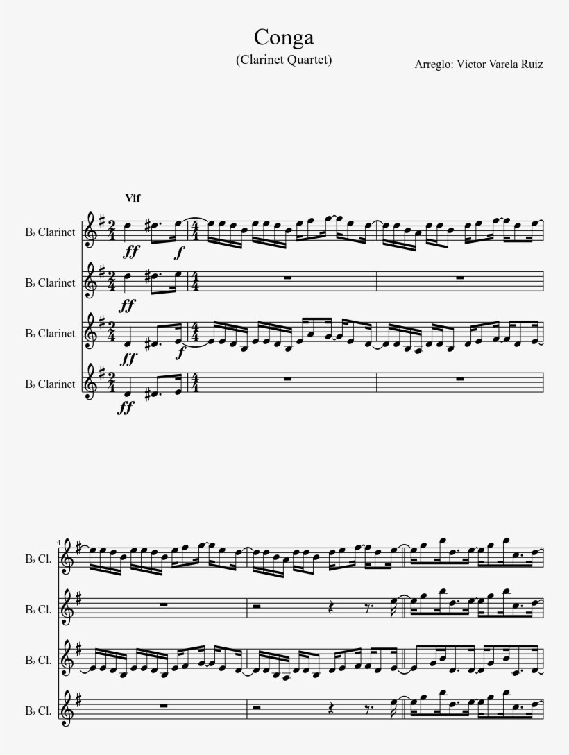 Conga Sheet Music Composed By Arreglo - Clarinet, transparent png