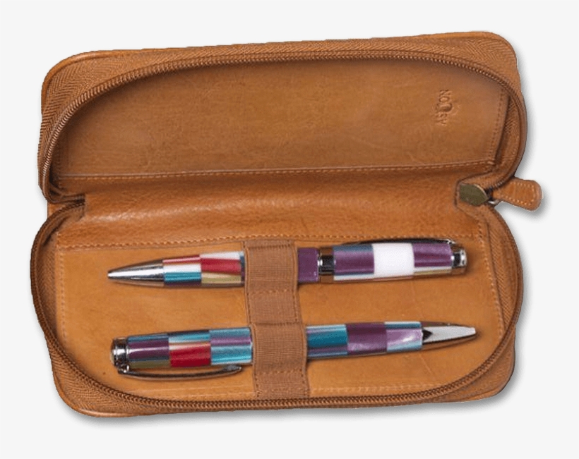 Aston Zipper 2-pen Case Tan Open - Leather, transparent png