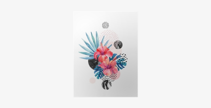 Watercolor Tropical Flowers On Geometric Background - Watercolour Tropical Flowers, transparent png