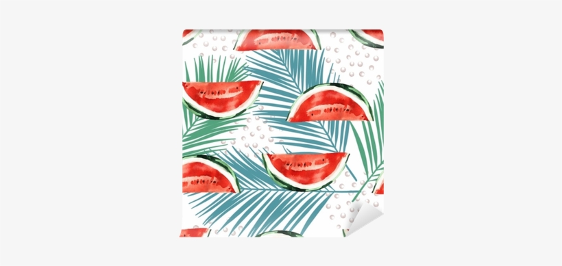 Watercolor Tropical Leaves And Watermelon Seamless - Natural Foods, transparent png