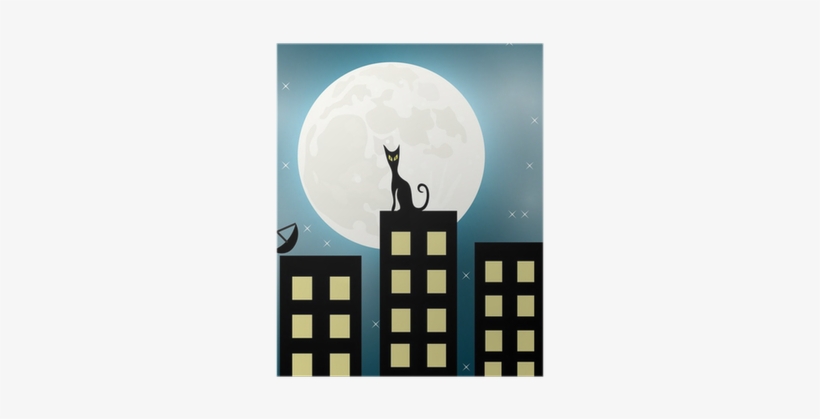 Cat Sitting On A Roof Looking To The Moon Vector Poster - Moon, transparent png