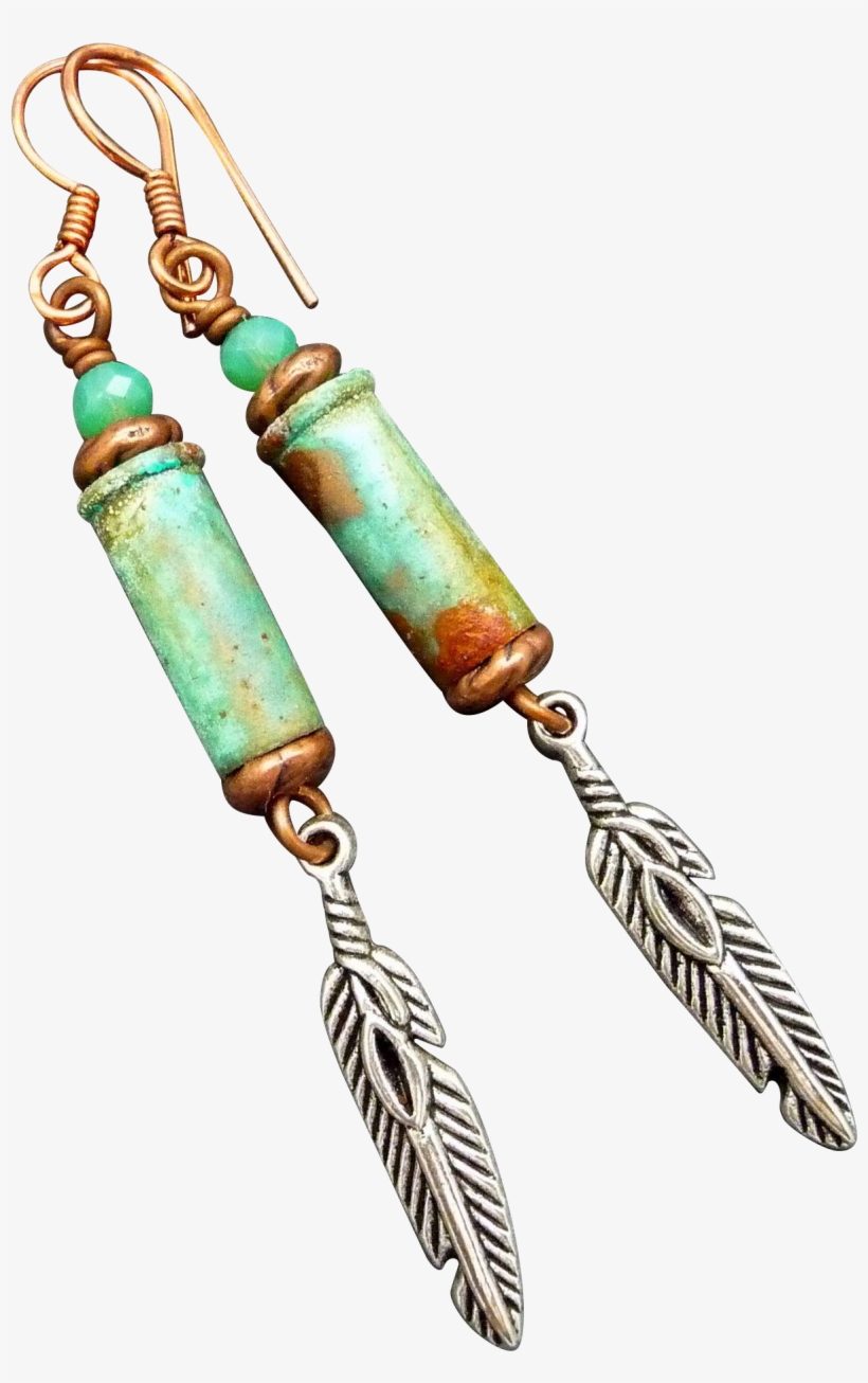 Rustic Patina Bullet Shell Earrings With Silver Feather - Earrings, transparent png