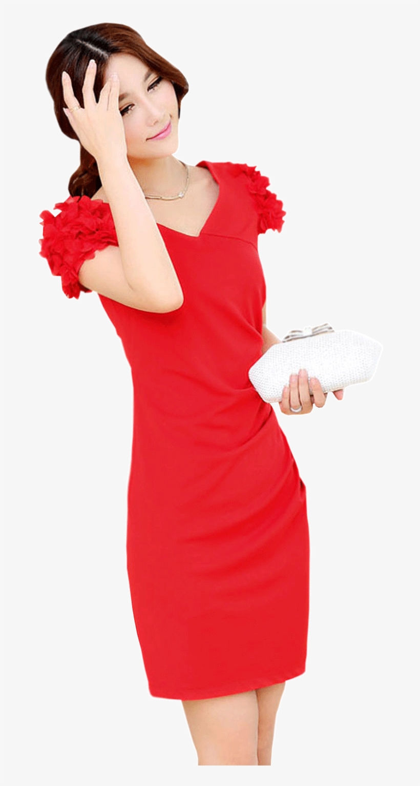 Women Bride Word Shoulder V Neck Dress Red Colour Unomatch - Dress, transparent png