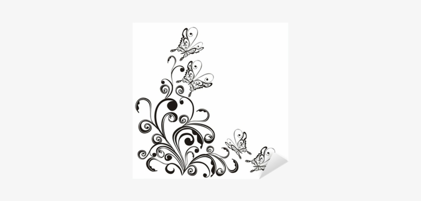 Frame With Butterfly And Floral Ornament, Vector Sticker - Black Butterfly, transparent png