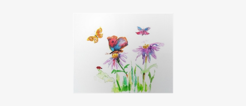 Watercolor Drawing Of A Flower With A Butterfly Poster - Shabby Chic Shower Curtain By Ambesonne, Watercolour, transparent png