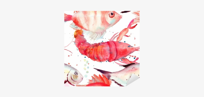 Watercolor Illustration Of Lobster And Fish Sticker - One Bella Casa Oversized Lobster Throw Pillow, transparent png