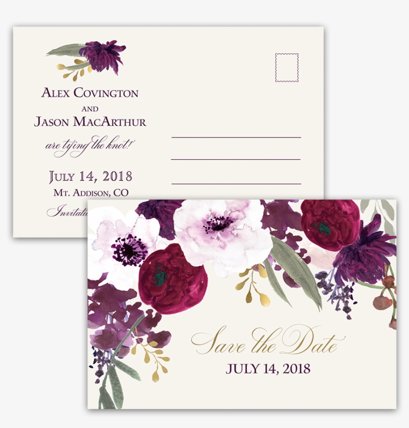 Burgundy And Gold Floral Boho Postcard Save The Date - Burgundy Plum Floral Watercolor, transparent png