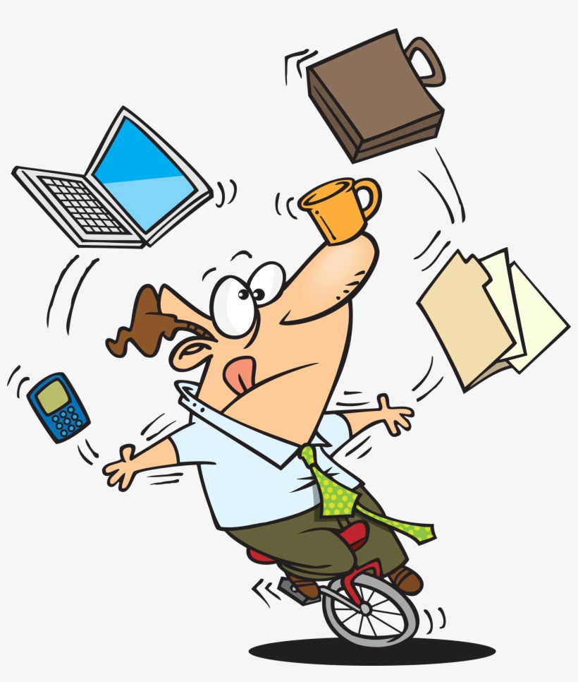 Cartoon Guy Juggling Many Office Things While Riding - Juggling Lots Of Things, transparent png