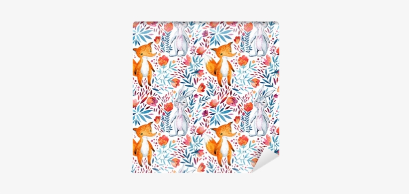 Watercolor Ornate Flowers And Cute Fox Wall Mural • - Watercolor Painting, transparent png
