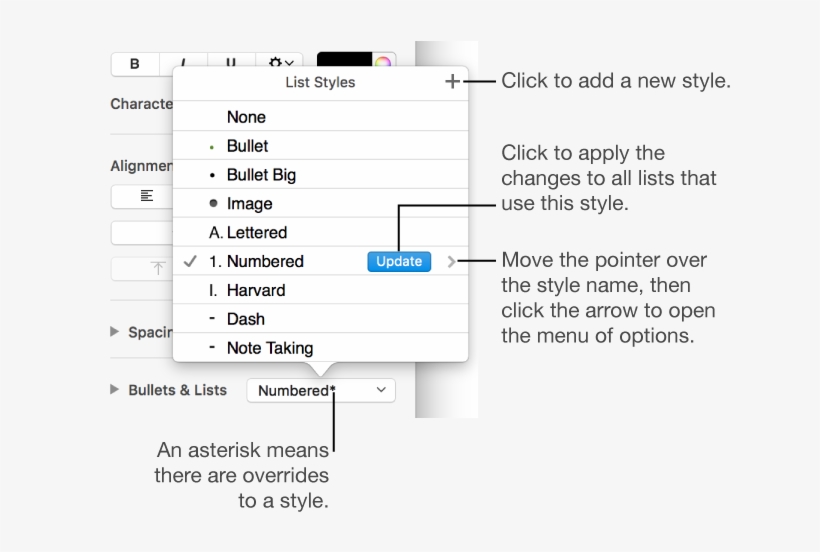 List Styles Pop-up Menu With An Asterisk Indicating - Insert Columns In Pages, transparent png