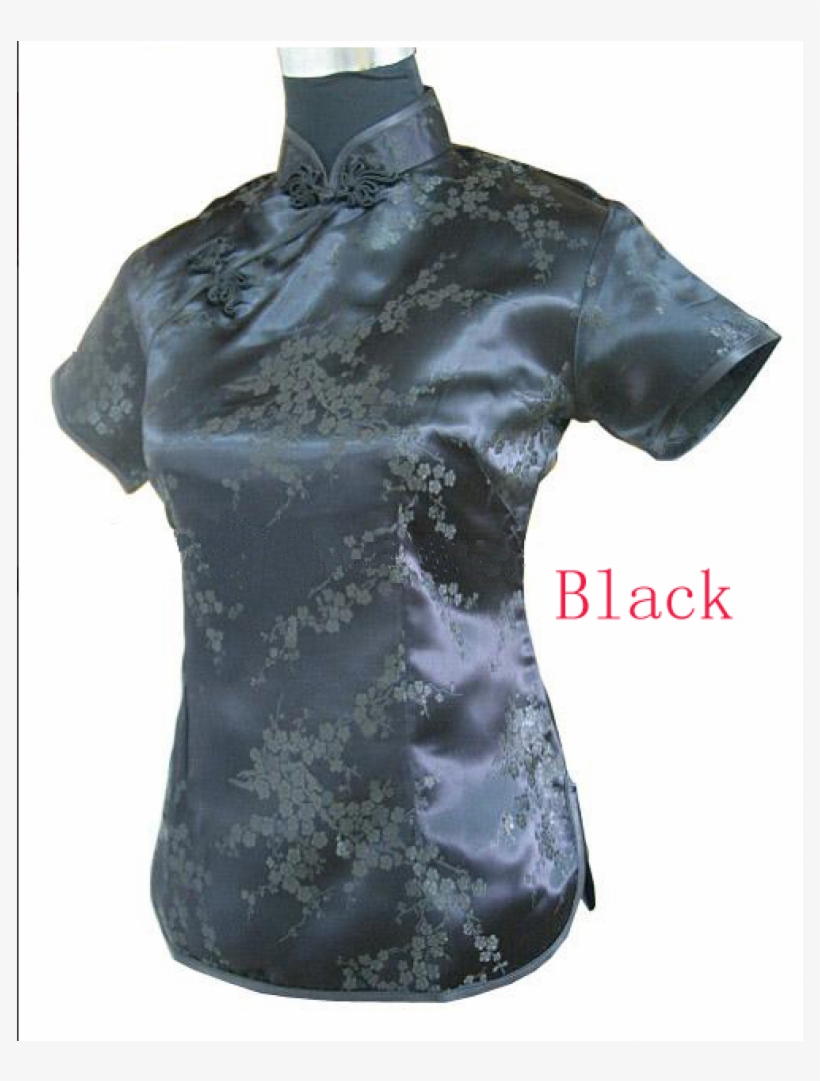 Chinese Shirt Short Sleeve China Blouse For Women Black - Idreammart Periwing Black Brocade Silver Floral Print, transparent png