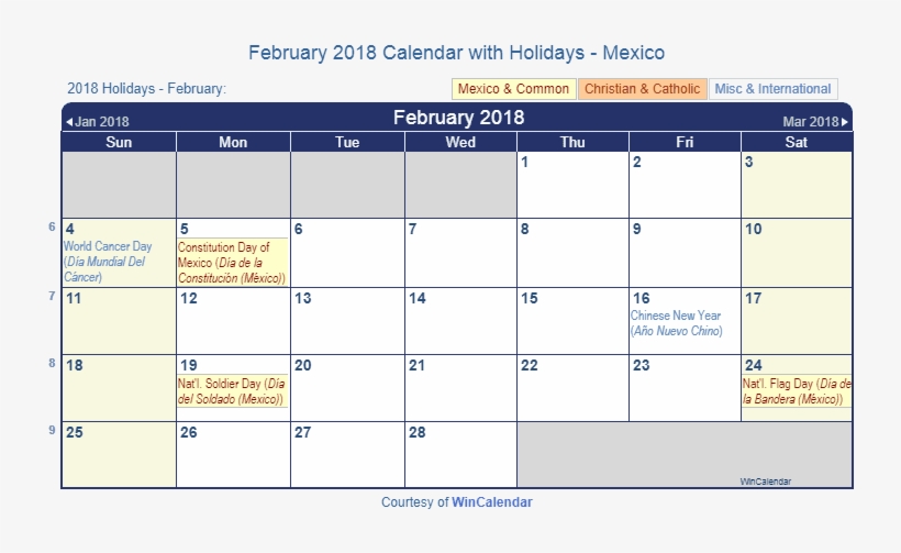 February 2018 Calendar With Mex Holidays - Family Day Bc 2019, transparent png