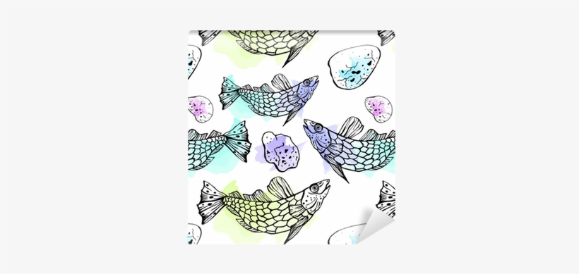Vector Seamless Pattern Of Hand Drawn Fish And Stones - Watercolor Painting, transparent png