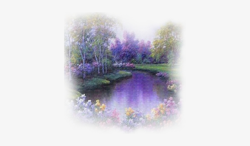 Purple Landscape Pond And Flowers - Painting, transparent png