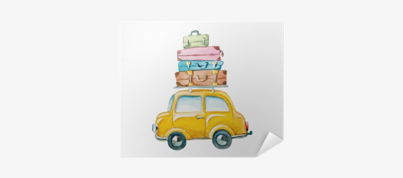 Hand Drawn Yellow Car With Suitcase On The Roof - Watercolor Suitcase Clipart, transparent png