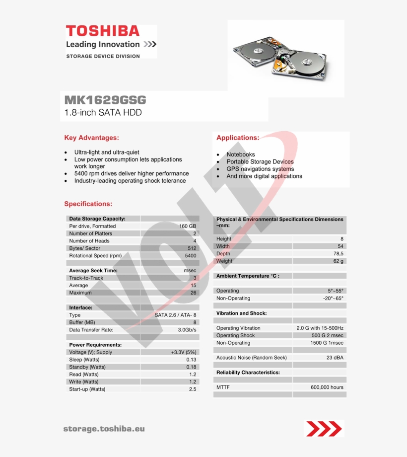 Mk1629gsg Datasheet - Toshiba 80 Gb Internal Hdd - 1.8" - Mk8009gah - Ata-100, transparent png