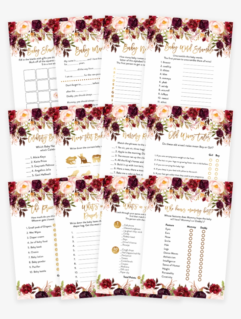 Marsala And Gold Floral Baby Shower Game Pack - Game, transparent png