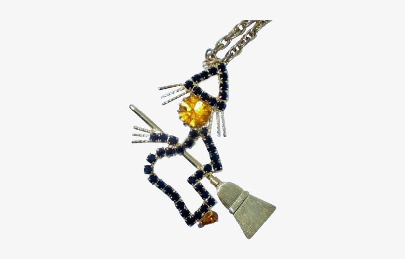 Vintage Rhinestone Halloween Witch On Broom Necklace - Vintage Rhinestone Witch On Broomstick Halloween Jewelry, transparent png