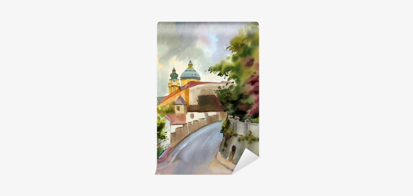 Austrian City Of Melk Painted By Watercolor Wall Mural - Dipinto Acquerello, transparent png