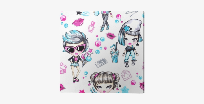 Watercolor Seamless Pattern With Fashion Teenagers - Watercolor Painting, transparent png