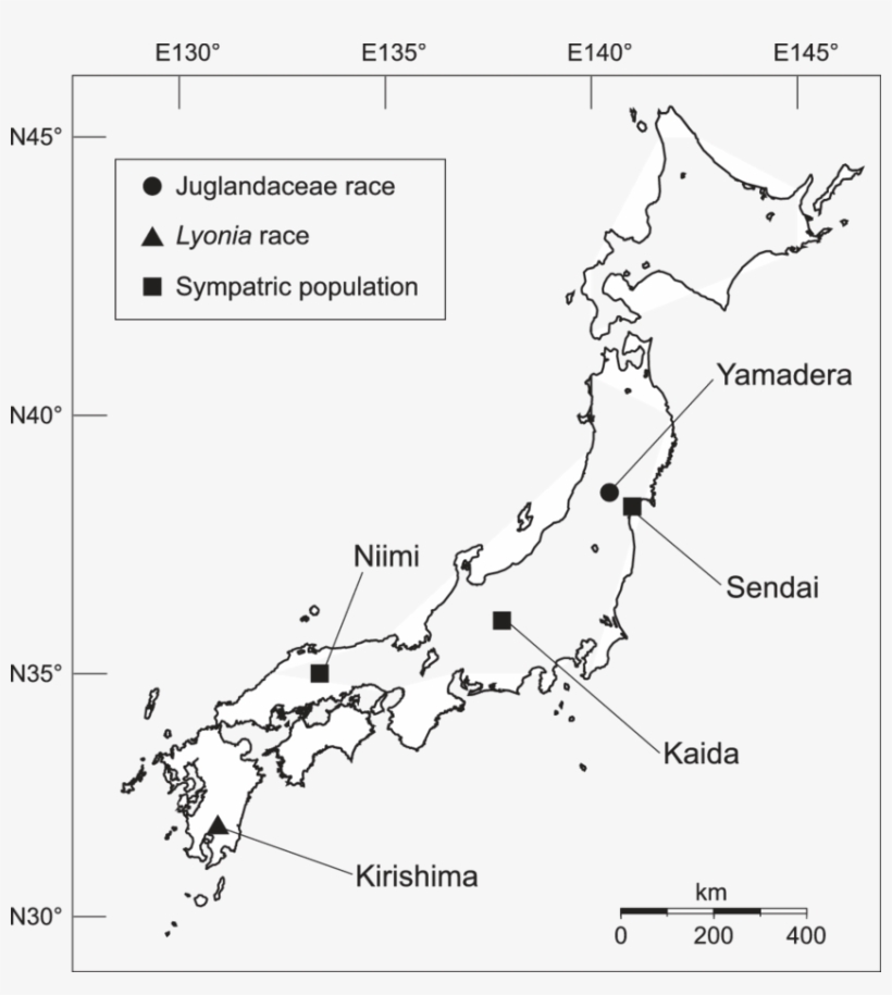 Map Of Japan Showing The Sampling Localities Of Acrocercops - Diagram, transparent png