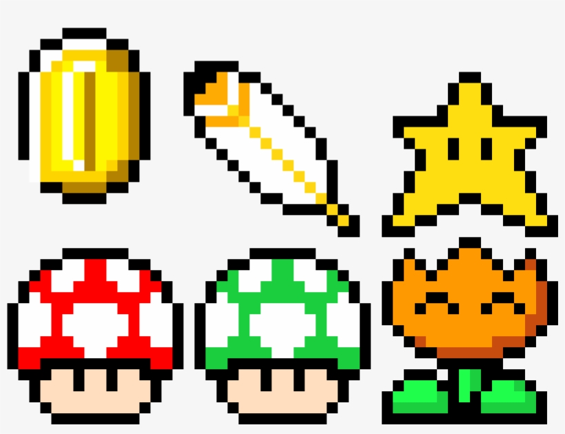 Mario Power-ups And A Coin - Mario Power Ups Pixel, transparent png