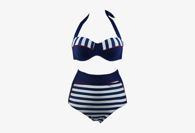 Cocoship Retro Navy Blue Stripe Black Polka Dot High - Swimsuit, transparent png