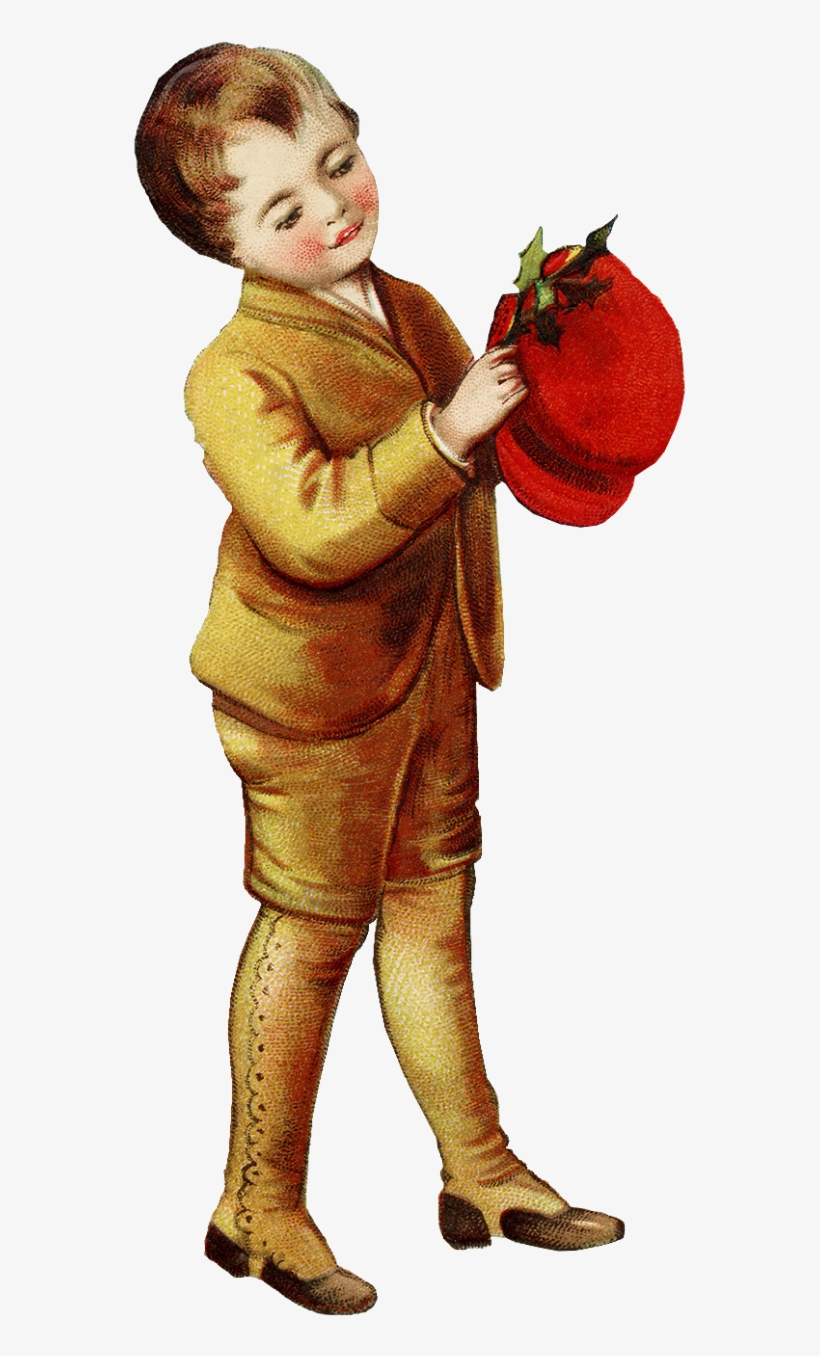 The Boy Holding His Hat With The Presents Removed - Vintage 1900s Christmas Greetings Tile Coaster, transparent png