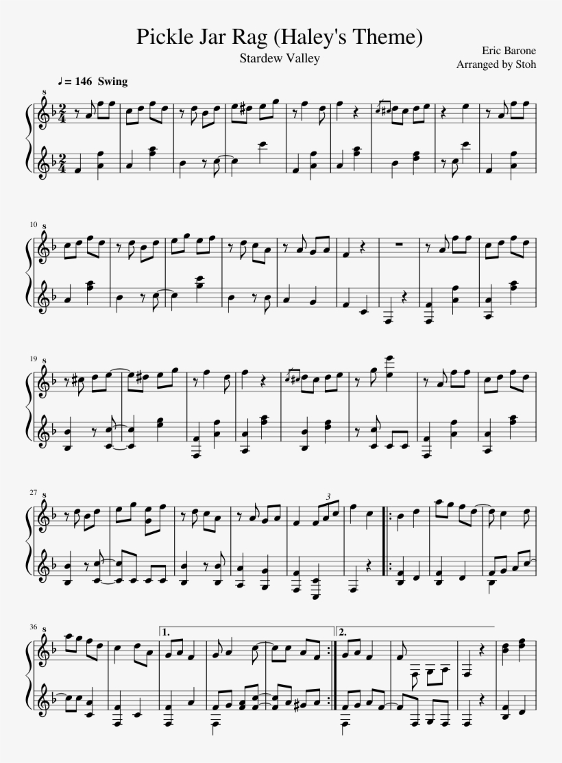 Pickle Jar Rag Sheet Music Composed By Eric Barone - Bokura Wa Ima No Naka De Piano Sheet, transparent png